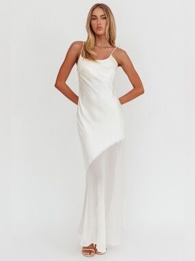 Gilded Dream Cream Ivory Satin Chiffon Hem Maxi Dress Oyster Size Small 4